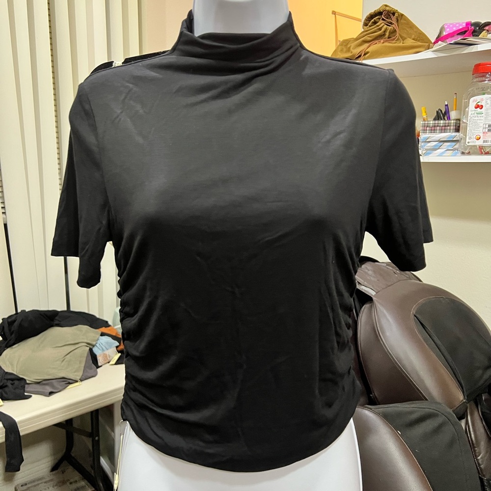 OGL Eco-SkinKiss® Ruched Sides Mock Neck Short Sleeve Top